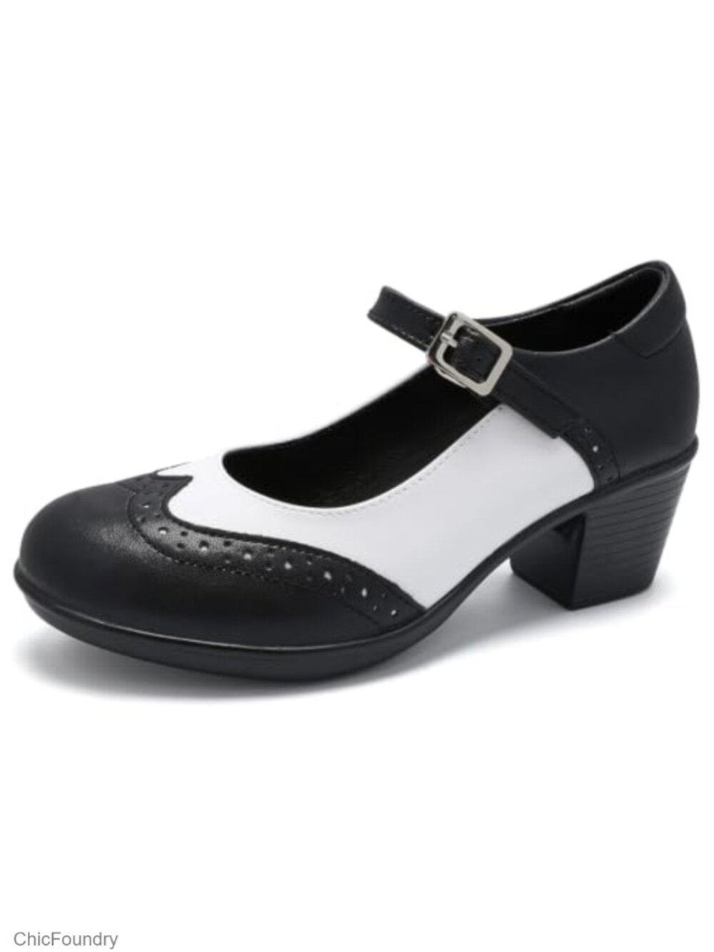 Vintage Mary Jane Block Heel Pumps Faux Leather Oxford Brogue